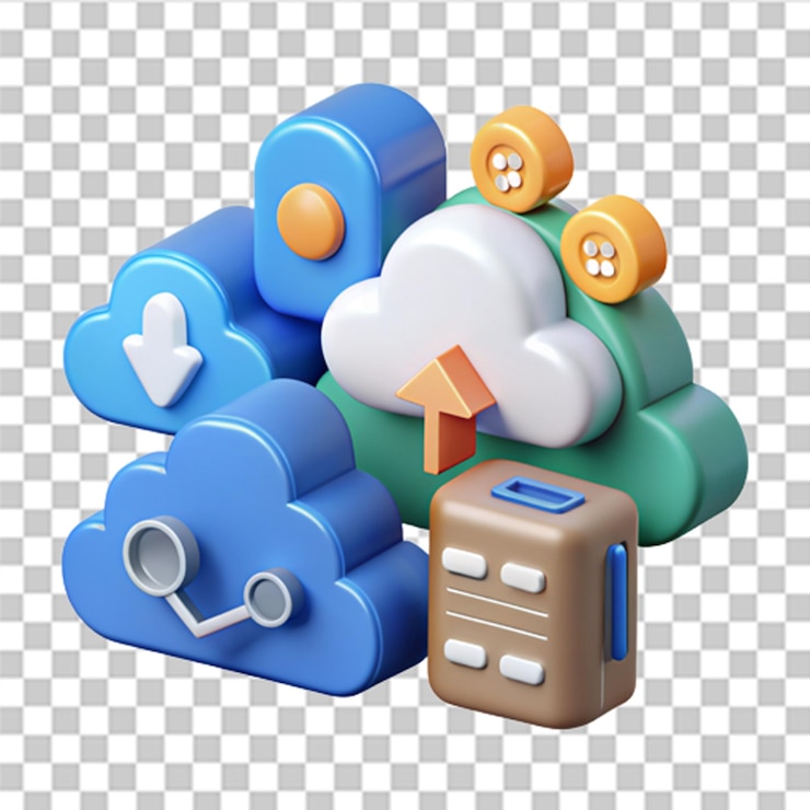 PSD conjunto 3d de iconos de computación en la nube descargar subir sincronización seguridad búsqueda concepto de aviso importante centro de datos almacenamiento en la nube concepto de archivo de internet vector moderno en estilo 3d