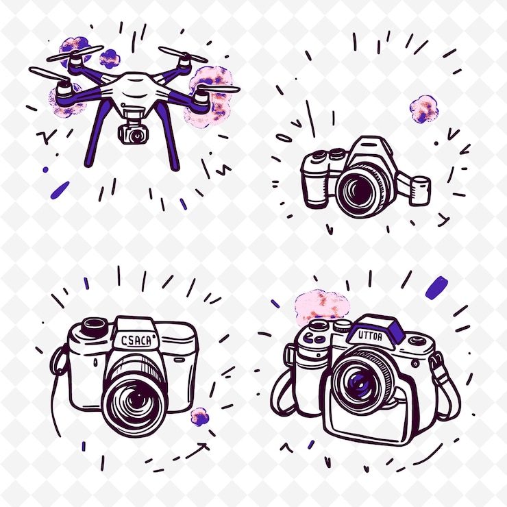 PSD conjunto de 4 ilustraciones vectoriales en negrita con contornos gruesos en fondo blanco png artículo de dibujo a mano creativo