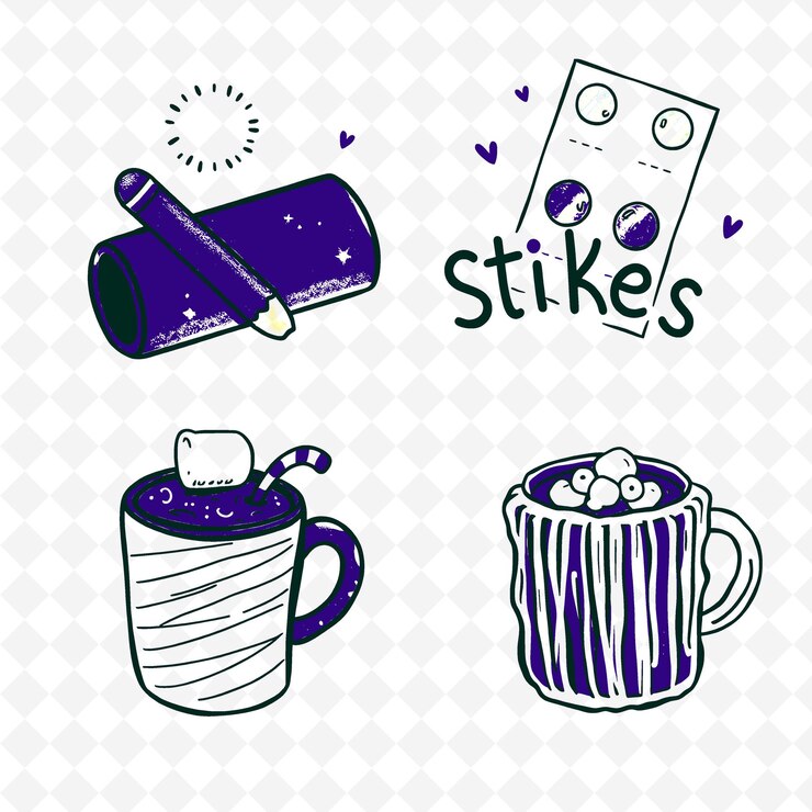 PSD conjunto de 4 ilustraciones vectoriales en negrita con contornos gruesos en fondo blanco png artículo de dibujo a mano creativo