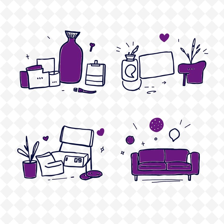 PSD conjunto de 4 ilustraciones vectoriales en negrita con contornos gruesos en fondo blanco png