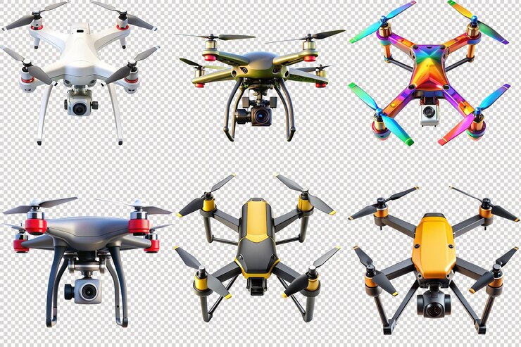 PSD conjunto de 6 drones coloridos con cámaras de fondo transparente editable
