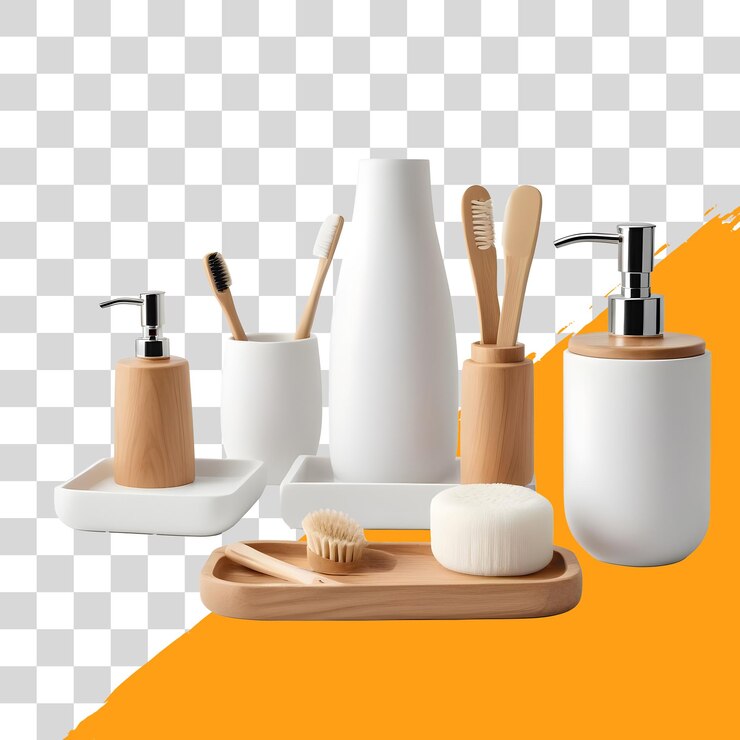 PSD conjunto de accesorios de baño modernos dispensador de jabón blanco soporte de cepillo de dientes soporte de bandeja aislado en fondo transparente png