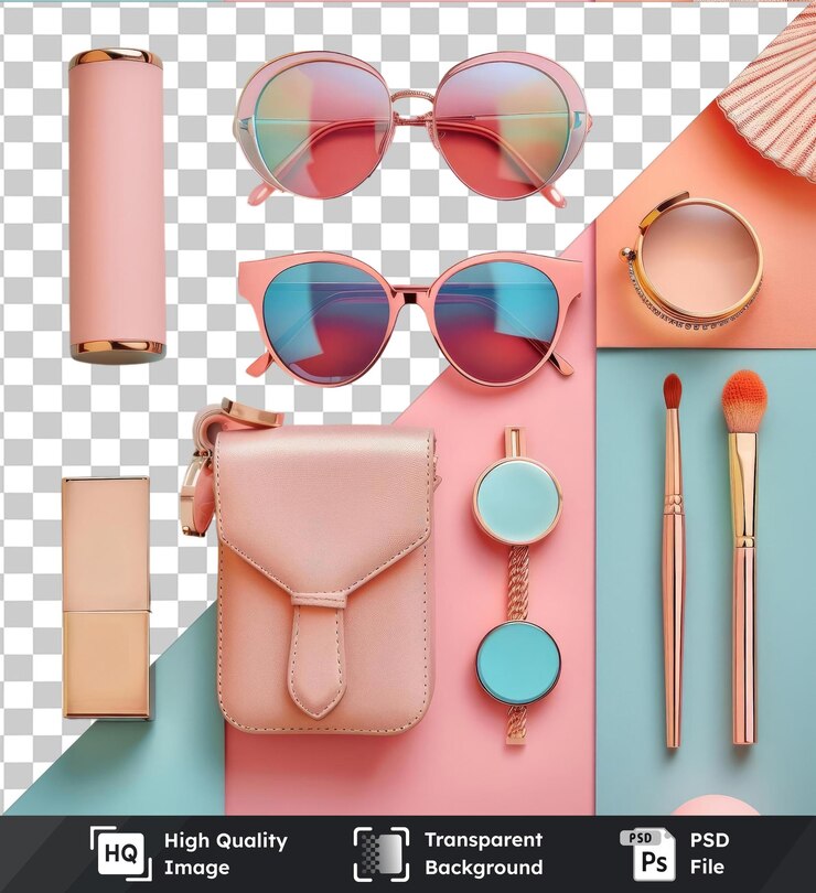 PSD un conjunto de accesorios de moda de lujo para mujeres de 39 años se exhibe contra una pared azul con un espejo redondo de caja rosa y una caja rosa con un par de gafas de sol en primer plano.