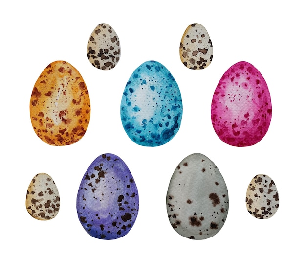 Conjunto de acuarela huevos de Pascua aislado sobre fondo blanco.
