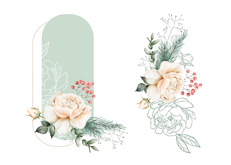 PSD conjunto de acuarelas y composiciones navideñas gráficas de flores, ramas de coníferas y bayas. perfecto para postales, saludos, regalos, diseño de envases, impresión, ilustraciones pintadas a mano.