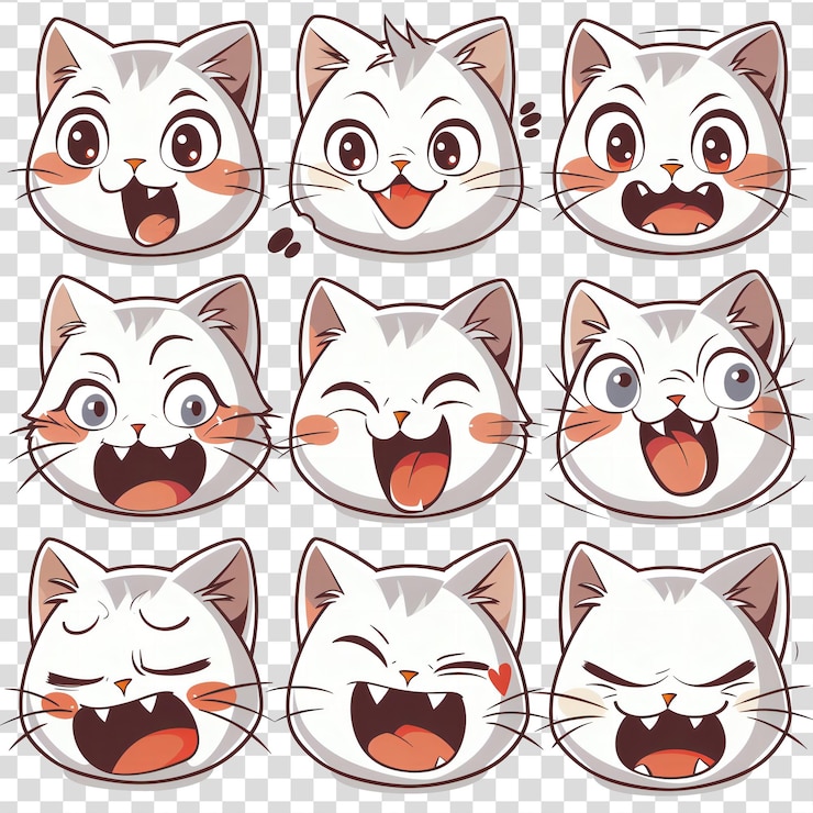 PSD conjunto de adorables pegatinas emoji de gato en un fondo transparente