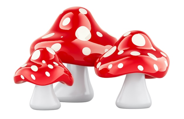 Conjunto de agaric de mosca de amanita muscaria en renderización 3D al estilo de dibujos animados aislados sobre un fondo transparente