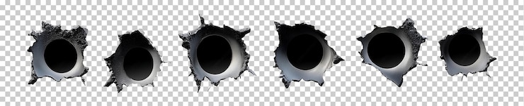 PSD conjunto de agujeros de balas metálicas aislados en un fondo transparente png psd