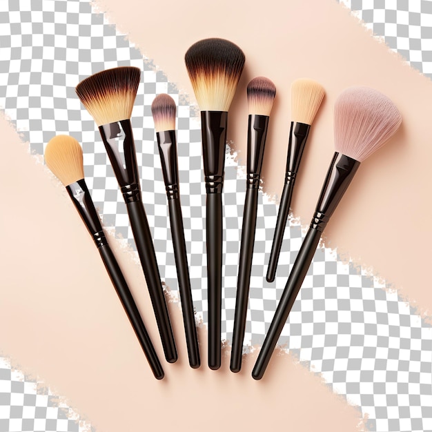 Conjunto aislado de pinceles de maquillaje sobre fondo transparente con polvo corrector