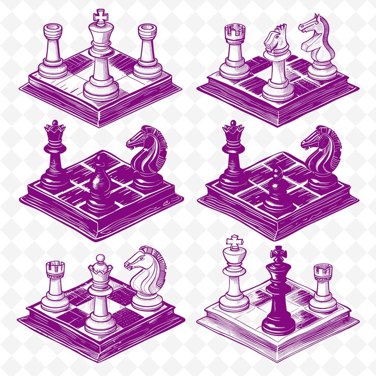 PSD conjunto de ajedrez clásico en blanco y negro con diseños de ilustración plana de pi png con contornos intrincadamente tallados
