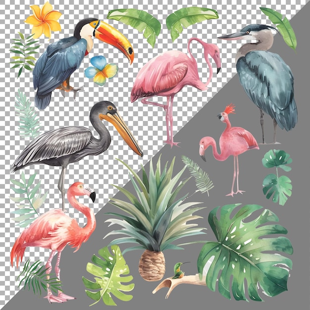 PSD conjunto de animales y aves de acuarela estilo pegatina en fondo transparente ai generado