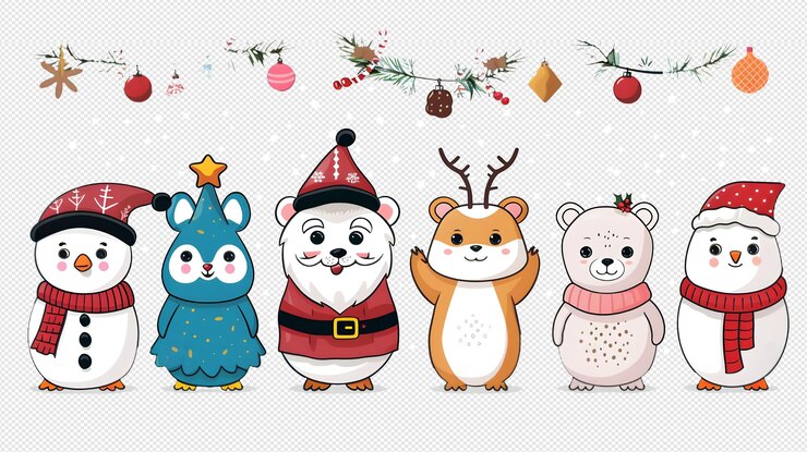PSD un conjunto de animales de dibujos animados con un ornamento de navidad en la parte superior