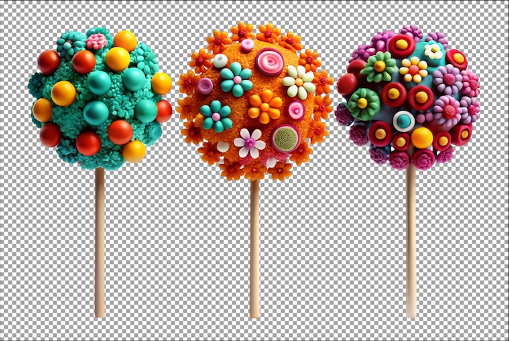PSD conjunto de árboles 3d con flores escena mínima de piruleta