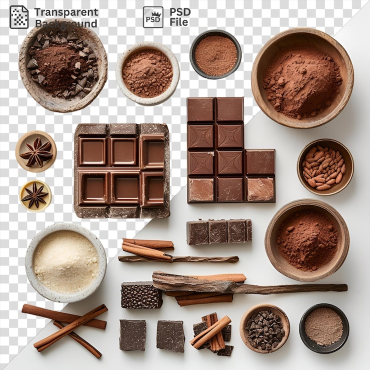 PSD conjunto de artesanía de chocolate con una variedad de cuencos y cucharas, incluidos cuencos marrones, blancos y marrones y blancos, así como postres de chocolate y marróns.