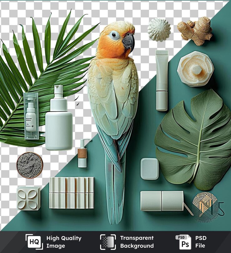 PSD un conjunto de artículos esenciales para el cuidado de aves exóticas de alta calidad con una botella blanca, una hoja verde, una pared azul, una cabeza naranja, un pico negro y una flor blanca.