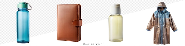 Conjunto de artículos esenciales para el viaje, incluida una botella de loción para la billetera y un impermeable