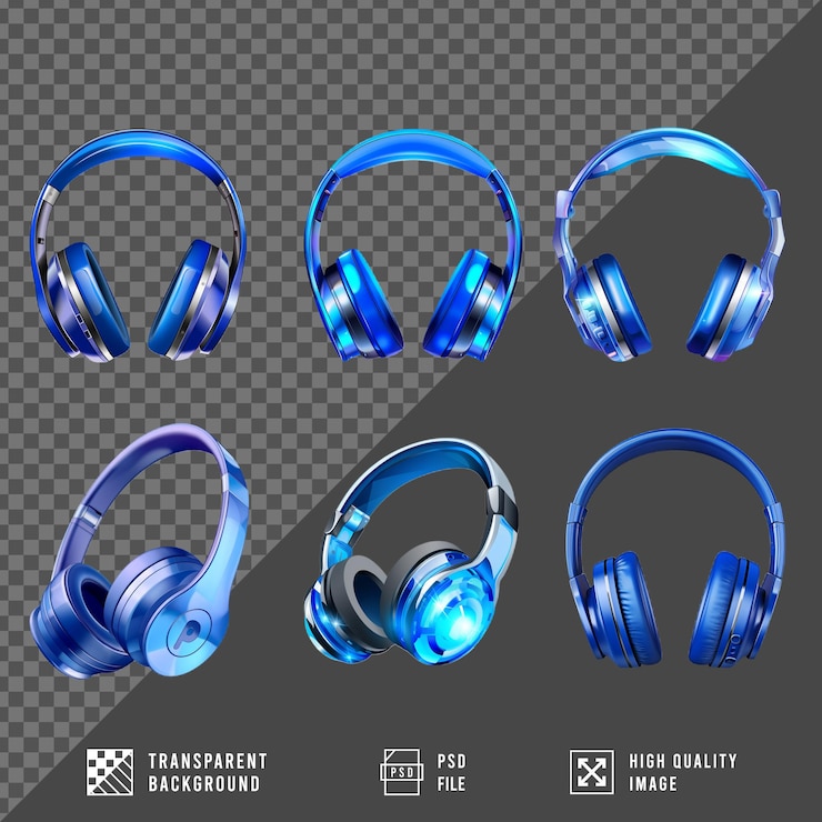 PSD conjunto de auriculares azules aislados sobre un fondo transparente