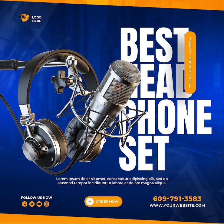 Conjunto de auriculares PSD venta de productos instagram publicación en las redes sociales
