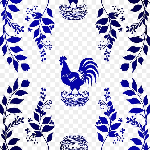 Un conjunto de azulejos azules y blancos con un gallo en la parte superior