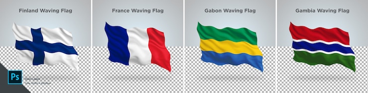 PSD conjunto de banderas de finlandia, francia, gabón, gambia bandera en transparente