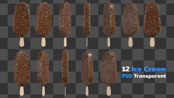 Conjunto de barra de helado de vainilla cubierta con chocolate y almendras crujientes aisladas sobre fondo transparente 3D Render Ilustración
