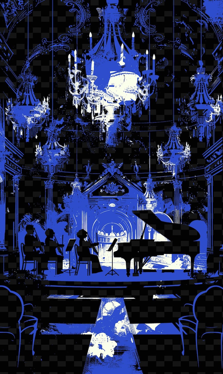 PSD conjunto barroco tocando en un palacio con frescos e ilustración de chand vector idea de cartel musical