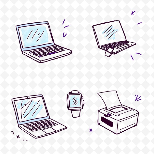 un conjunto de bocetos para una computadora portátil un reloj digital y un reloj