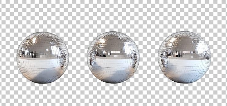 PSD conjunto de una bola de espejo de discoteca plateada aislada de fondo transparente