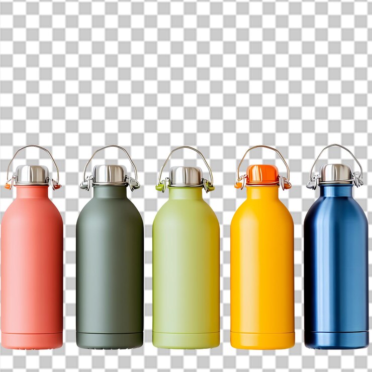 PSD conjunto de botellas de agua metálicas de colores diseño eco rojo