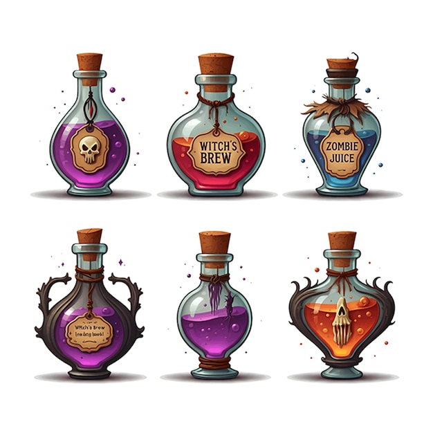 Un conjunto de botellas de poción de Halloween en un fondo transparente