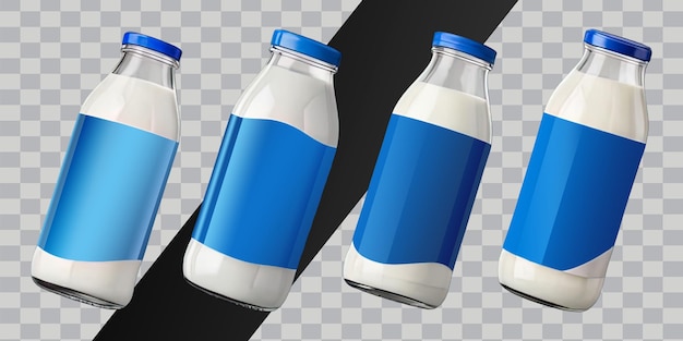 PSD un conjunto de botellas de vidrio con leche con diferentes etiquetas de iluminación suave y suave