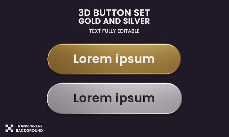 PSD conjunto de botones de color dorado y estilo plateado en renderizado 3d