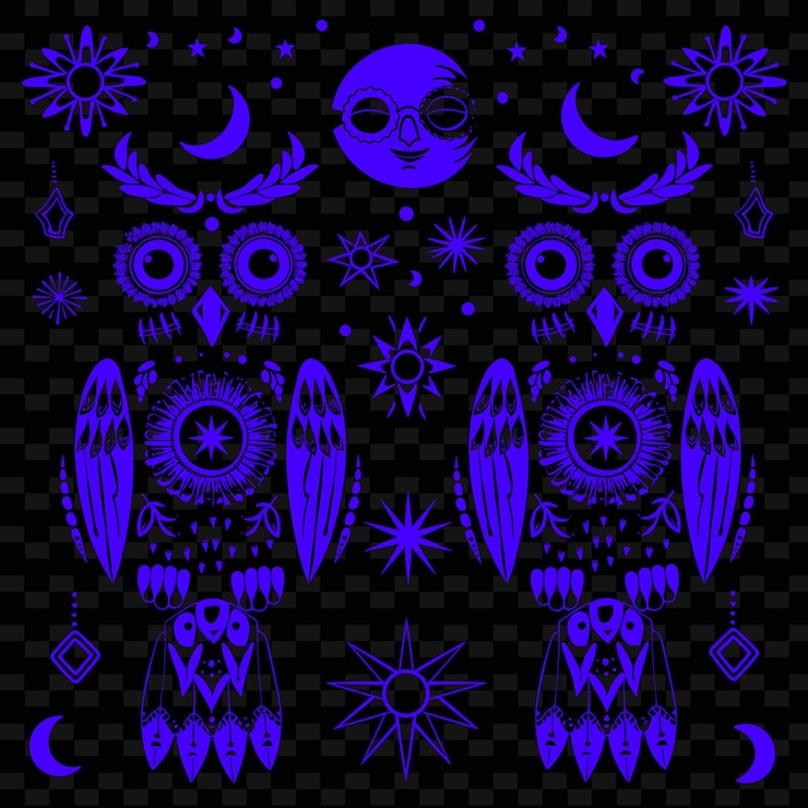 PSD un conjunto de búho y luna en un fondo negro