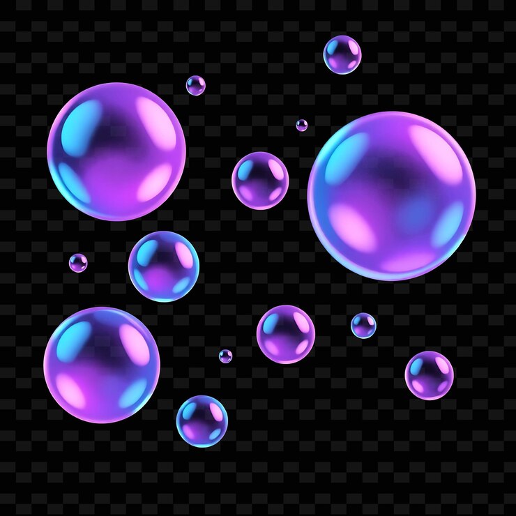 PSD un conjunto de burbujas de jabón con gotas de agua en un fondo negro