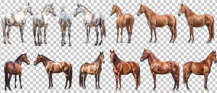 PSD conjunto de caballos con vistas delanteras y traseras aisladas