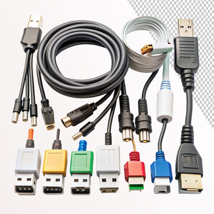 PSD conjunto de cables de toma de corriente sobre un fondo transparente