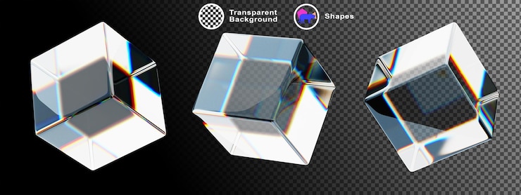 PSD conjunto de cajas de cubos de vidrio de cristal 3d con gradiente holográfico aislado en fondo negro icono de renderización formas de bloques transparentes geométricos abstractos con efecto de prisma de luz de neón arco iris