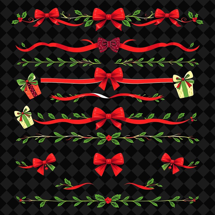 PSD conjunto de cajas de regalo arcos cintas y hojas de holly vibrante rojo verde y blanco paleta retro 60s h