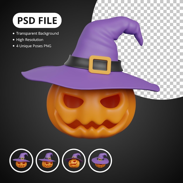 Conjunto de calabaza de halloween 3D con sombrero de bruja para renderizado 3D de halloween