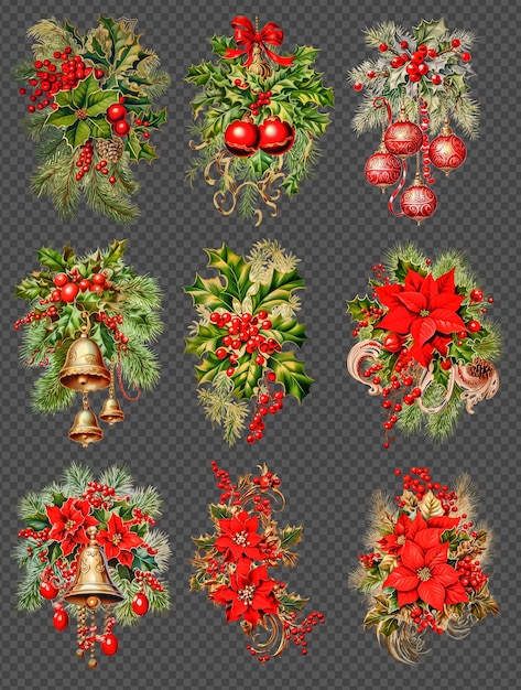 Conjunto de campanas de navidad ornamento floral y hojas de acebo psd fondo transparente