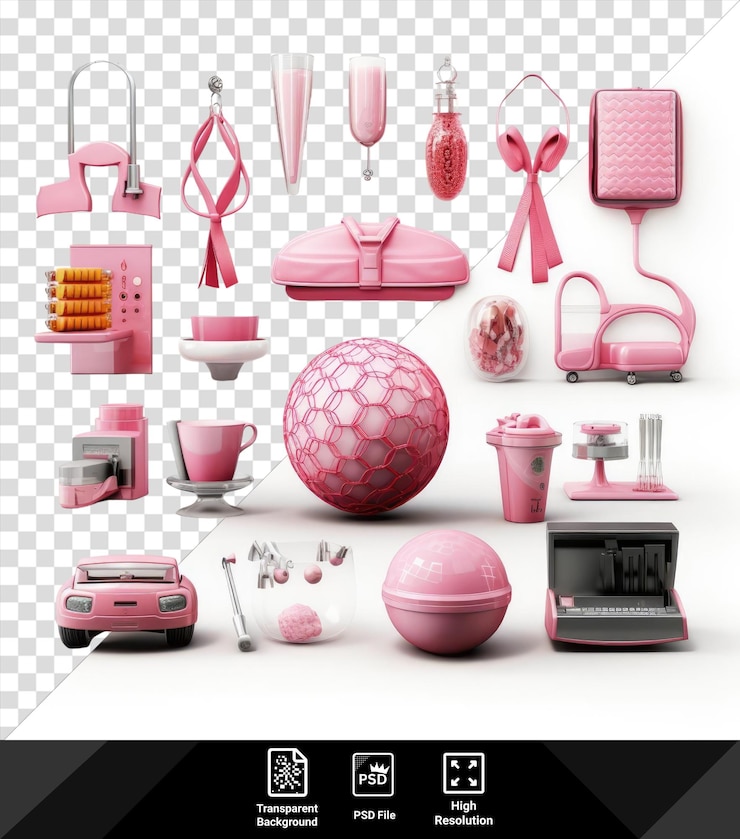 PSD conjunto de cáncer mundial s con una variedad de artículos rosados, incluido un pequeño juguete rosado una pelota rosada un fondo rosado y transparente una pared rosada y blanca un rosado