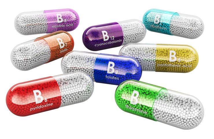 PSD conjunto de cápsulas de vitaminas b1 b2 b3 b5 b6 b7 b12 con representación 3d aisladas sobre un fondo transparente
