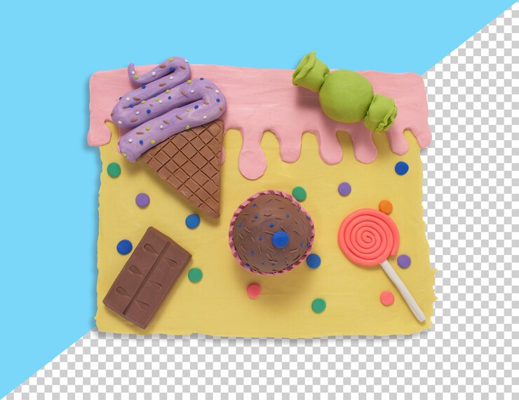 PSD conjunto de caramelos dulces y cono de helado sobre un fondo pastel hecho a mano con plastilina