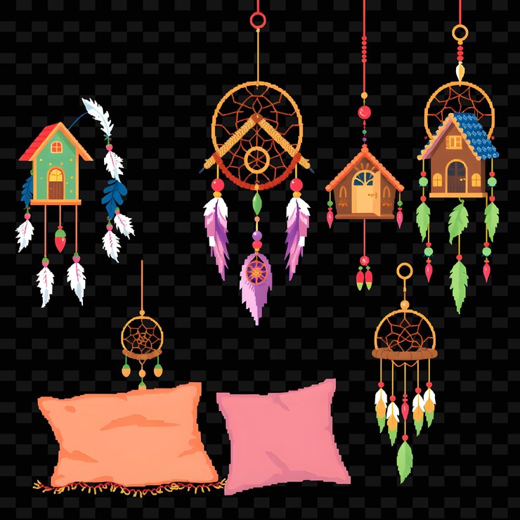 PSD conjunto de casas de cazadores de sueños con amuletos colgantes acentos de plumas tejidos patte png diseño de elementos de la casasr