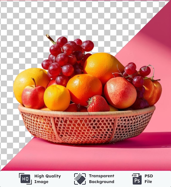 Conjunto de cestas de frutas orgánicas de alta calidad con uvas rojas, naranjas y una naranja redonda dispuestas en una mesa rosada con un tallo verde visible en primer plano