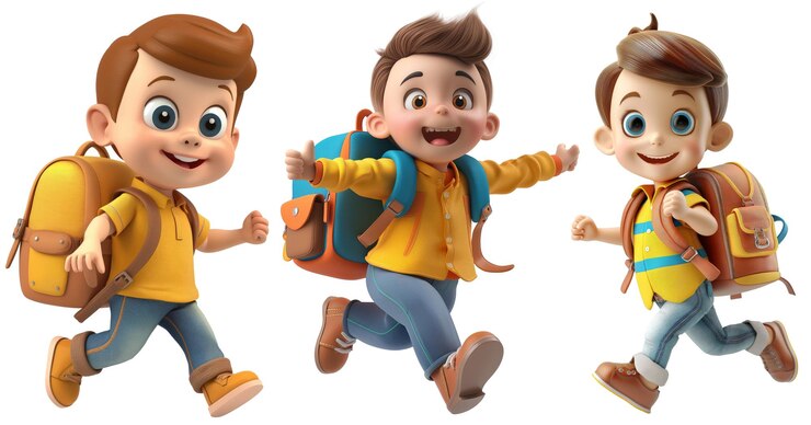 PSD conjunto de chicos lindos como estudiantes que llevan bolsas yendo a la escuela estilo de animación de dibujos animados en 3d