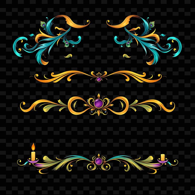 PSD conjunto de cintas fluyentes plumas de pavo real y llamas de vela rico teal oro y violeta rococó sty