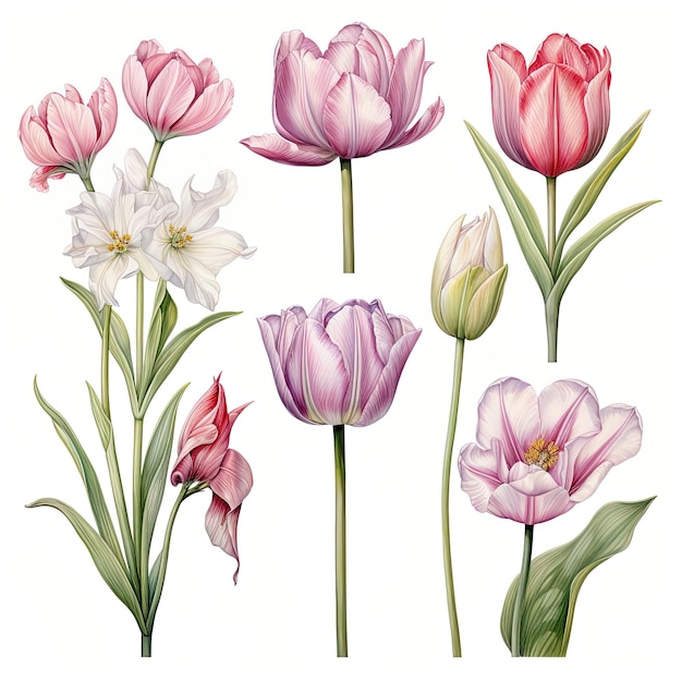 Conjunto de clipart de flores de tulipanes de acuarela aislados en un fondo transparente