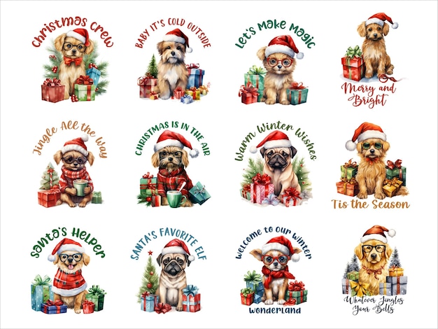 Conjunto de cliparts divertidos de acuarelas de perros de navidad