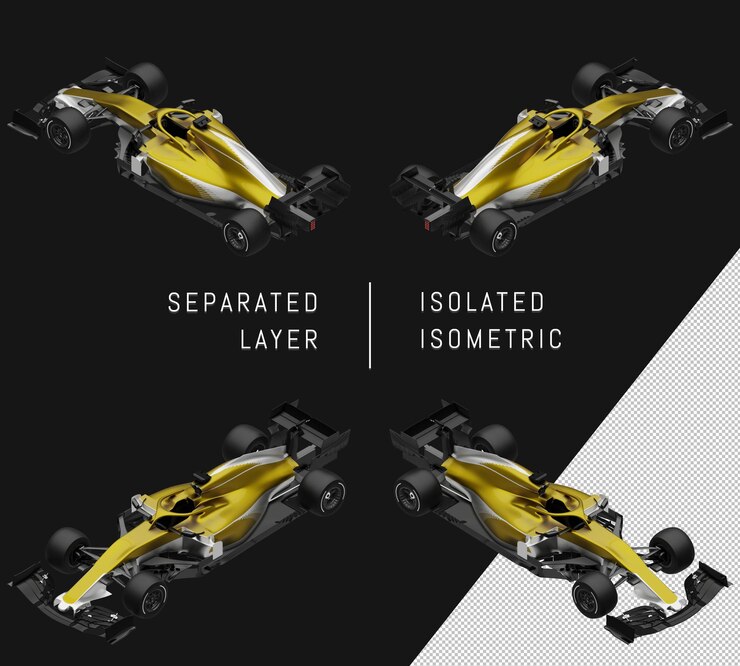 PSD conjunto de coches isométricos de coche de carreras de fórmula amarillo aislado